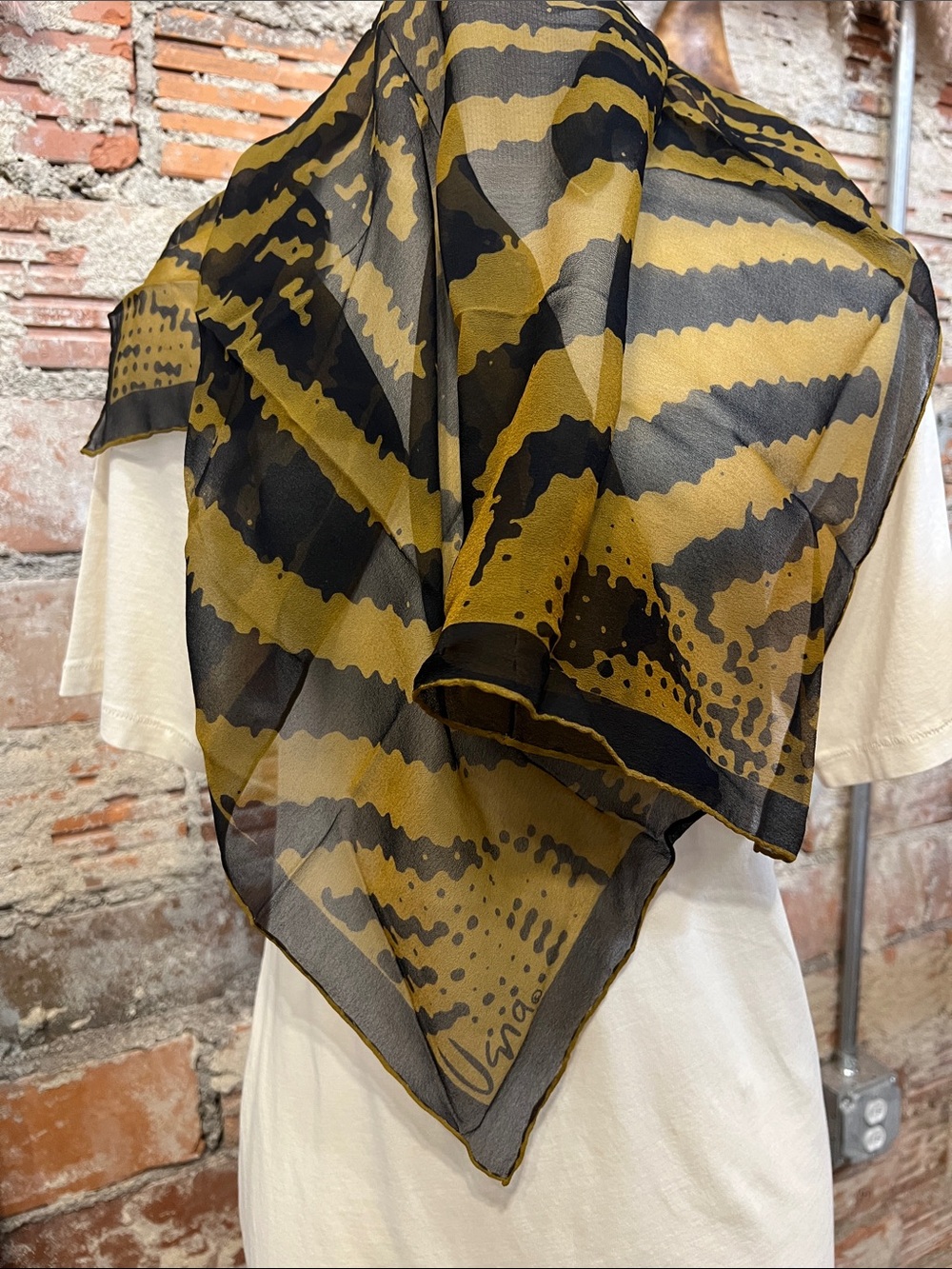 Vintage Vera Neumann Black and Gold Sheer Scarf
Scarves by Vera 25” X 25”